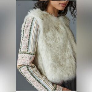 Anthropologie Bl^nk London Eliza Embroidered Faux Fur Jacket Small Cream